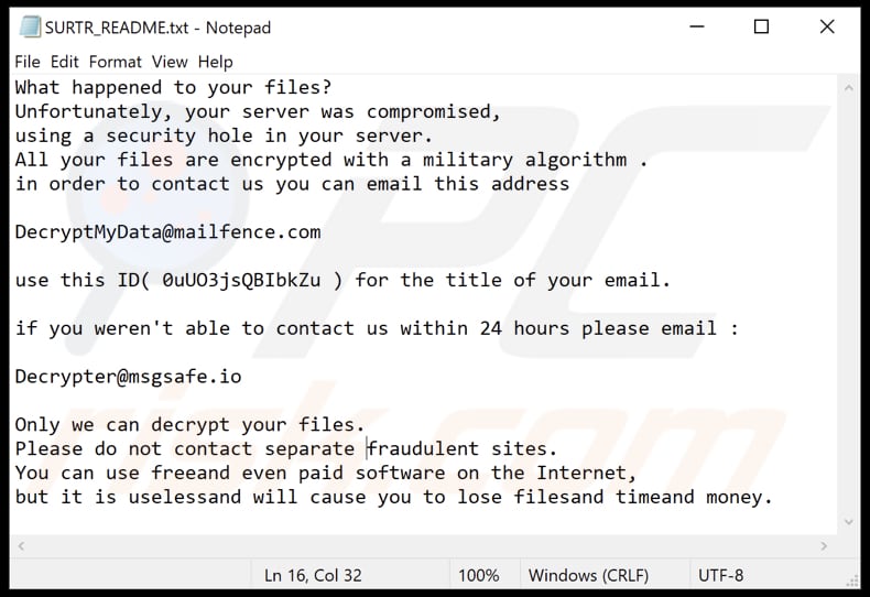 surtr Ransomware Lösegeldmitteilung Textdatei