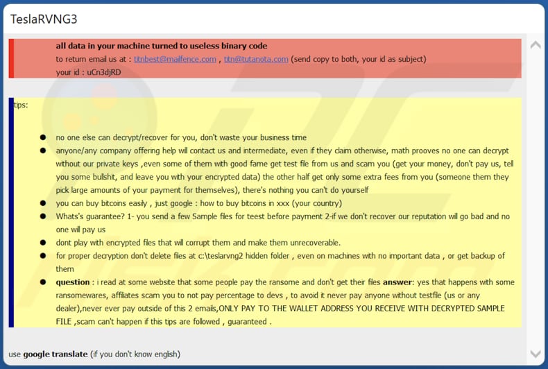 TeslaRVNG3 Ransomware Textdatei (teslarvng3.hta)