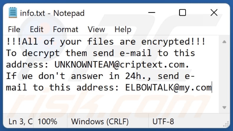 Elbow Ransomware Lösegeldmitteilung info.txt Datei