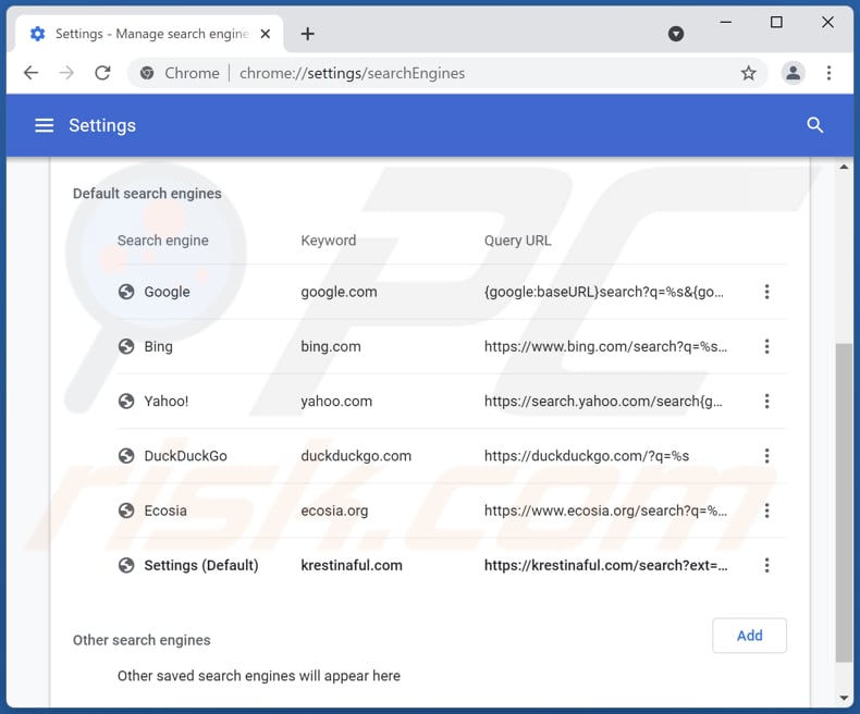 krestinaful.com von der Google Chrome Standardsuchmaschine entfernen