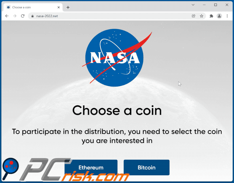Aussehen des NASA ETH und BTC Giveaway Betrugs (GIF)