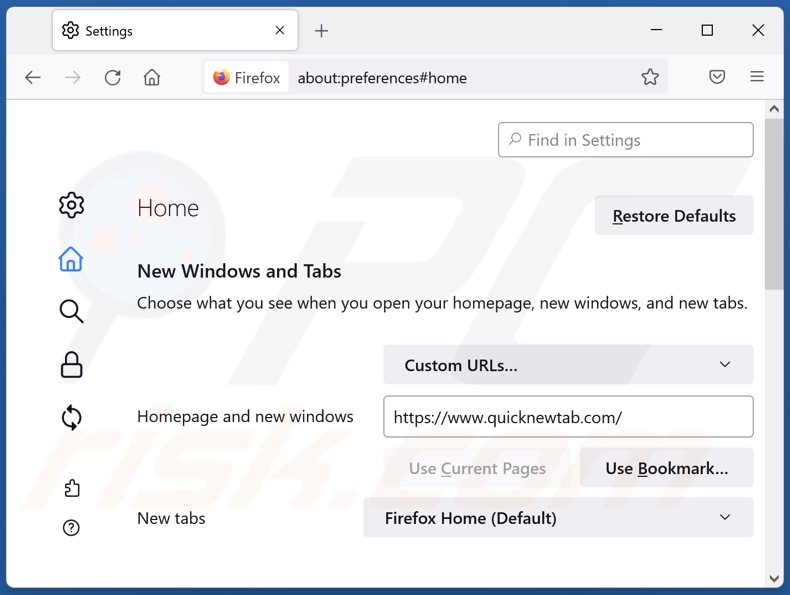 quicknewtab.com von der Mozilla Firefox Startseite entfernen