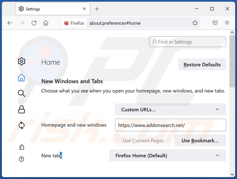 addonsearch.net von der Mozilla Firefox Startseite entfernen