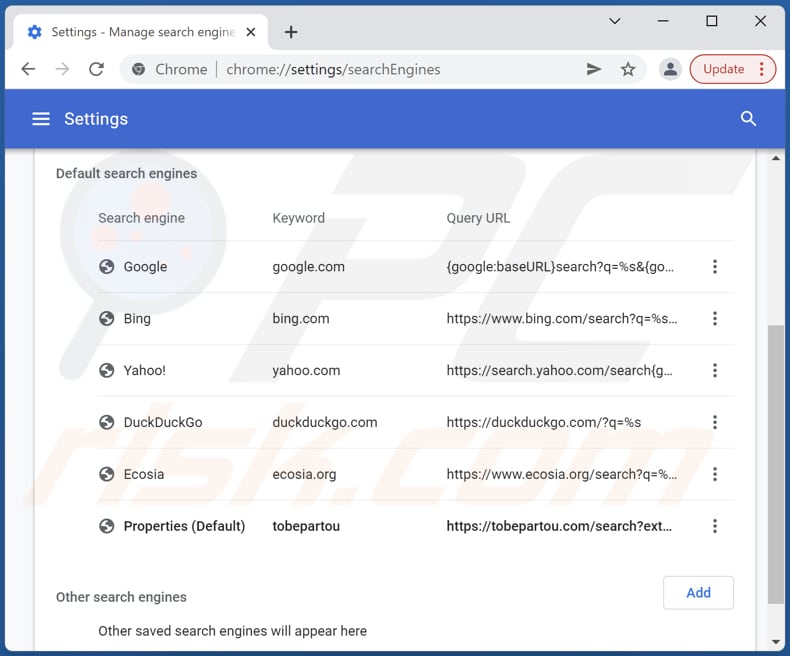 tobepartou.com von der Google Chrome Standardsuchmaschine entfernen