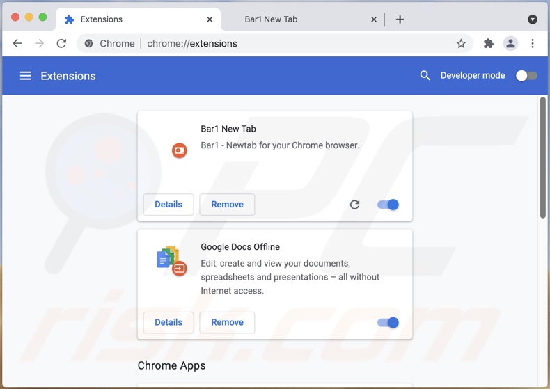 Bar1 New Tab Browserentführer auf Chrome installiert