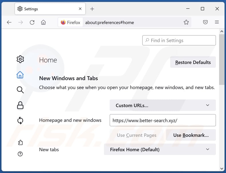 better-search.xyz von der Mozilla Firefox Startseite entfernen