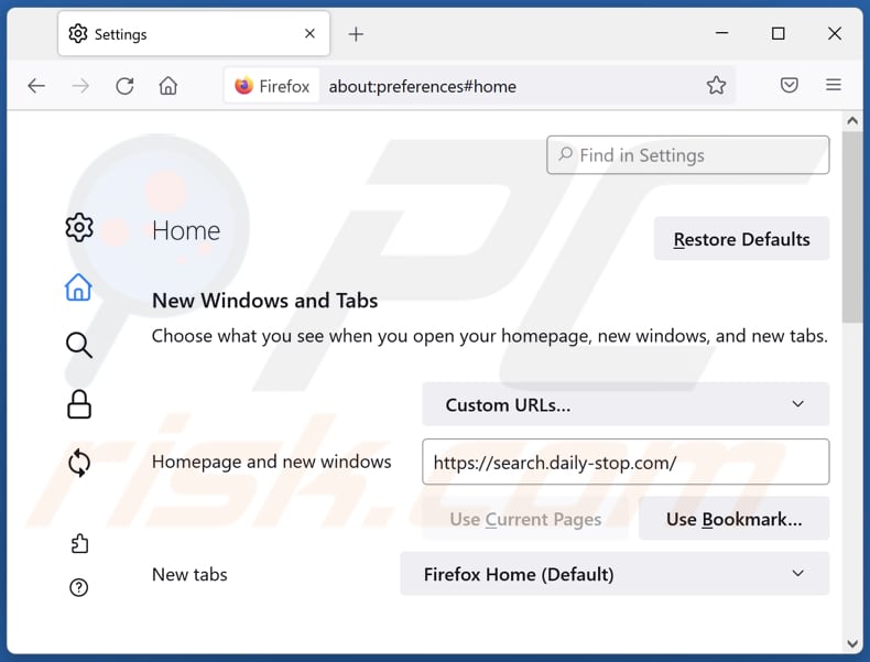 search.daily-stop.com von der Mozilla Firefox Startseite entfernen