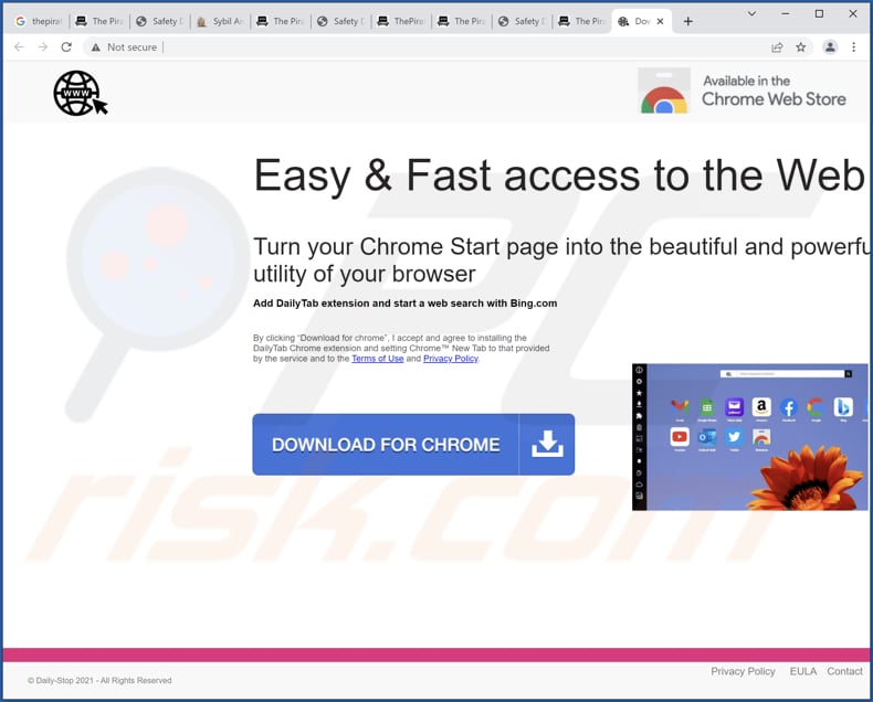 Webseite zur Förderung des Daily Tab Browserentführers