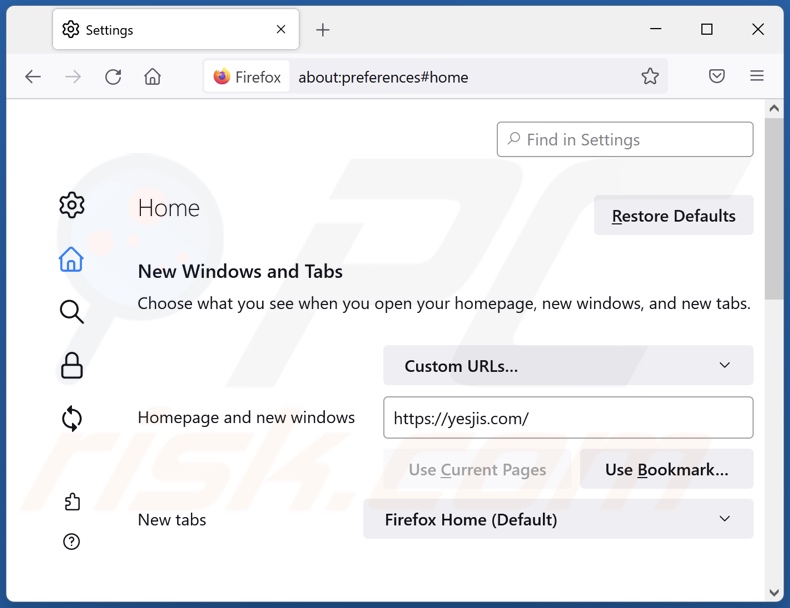 yesjis.com von der Mozilla Firefox Startseite entfernen
