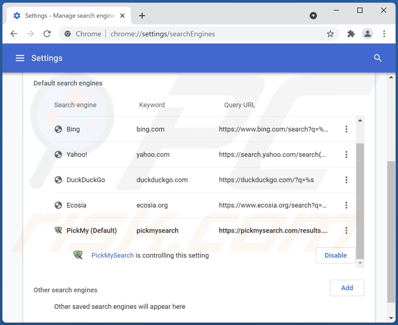 pickmysearch.com von der Google Chrome Standardsuchmaschine entfernen