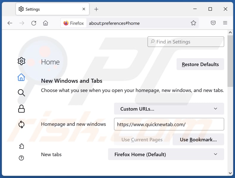 quicknewtab.com von der Mozilla Firefox Startseite entfernen