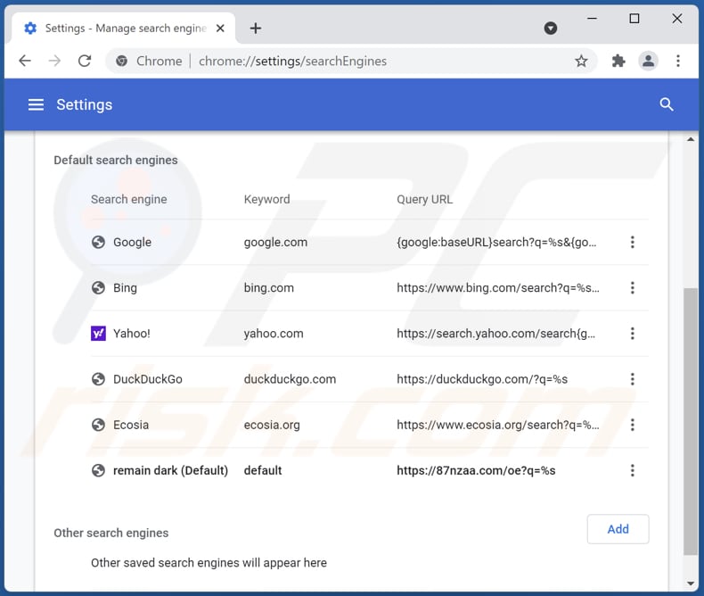 87nzaa.com von der Google Chrome Standardsuchmaschine entfernen