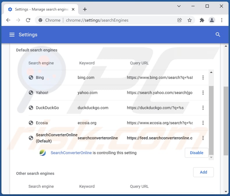 searchconverteronline.com von der Google Chrome Standardsuchmaschine entfernen