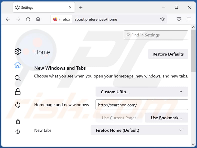 searcheq.com von der Mozilla Firefox Startseite entfernen