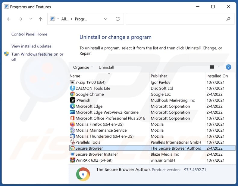 Secure Browser Adware Deinstallation über Systemsteuerung