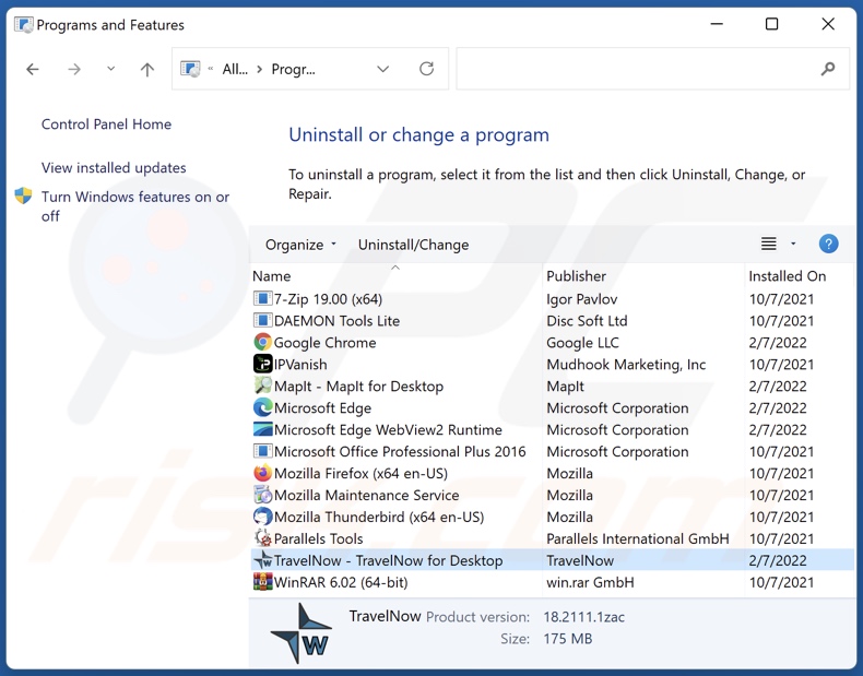 TravelNow Adware Deinstallation über Systemsteuerung