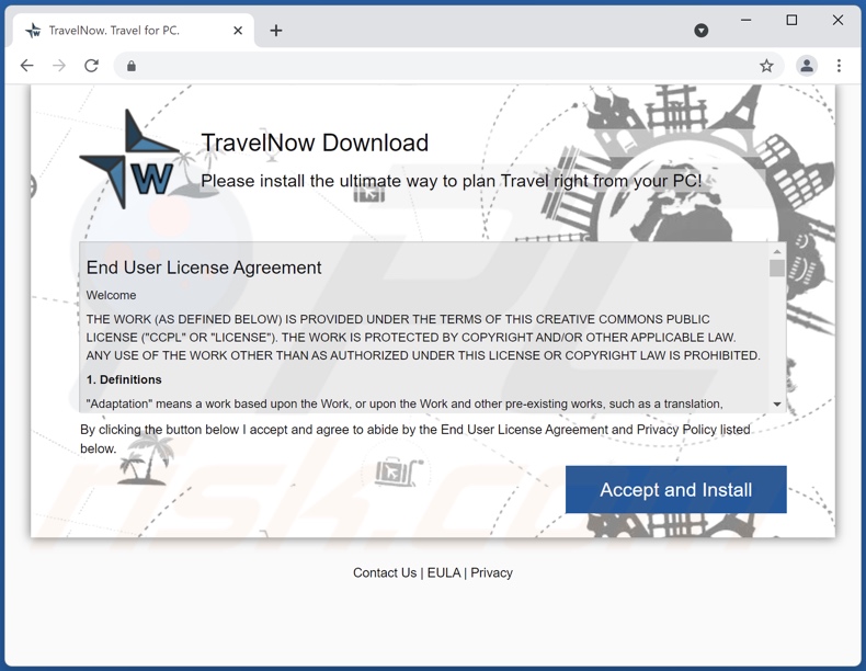 Webseite, die TravelNow Adware fördert