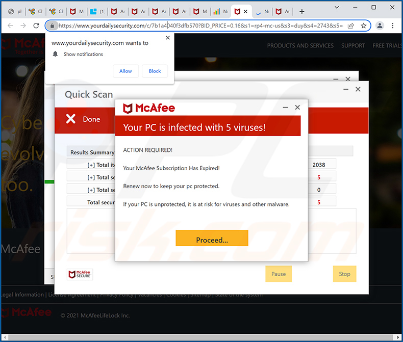 yourdailysecurity.com fördert den McAfee - Your PC is infected with 5 viruses! Pop-up-Betrug