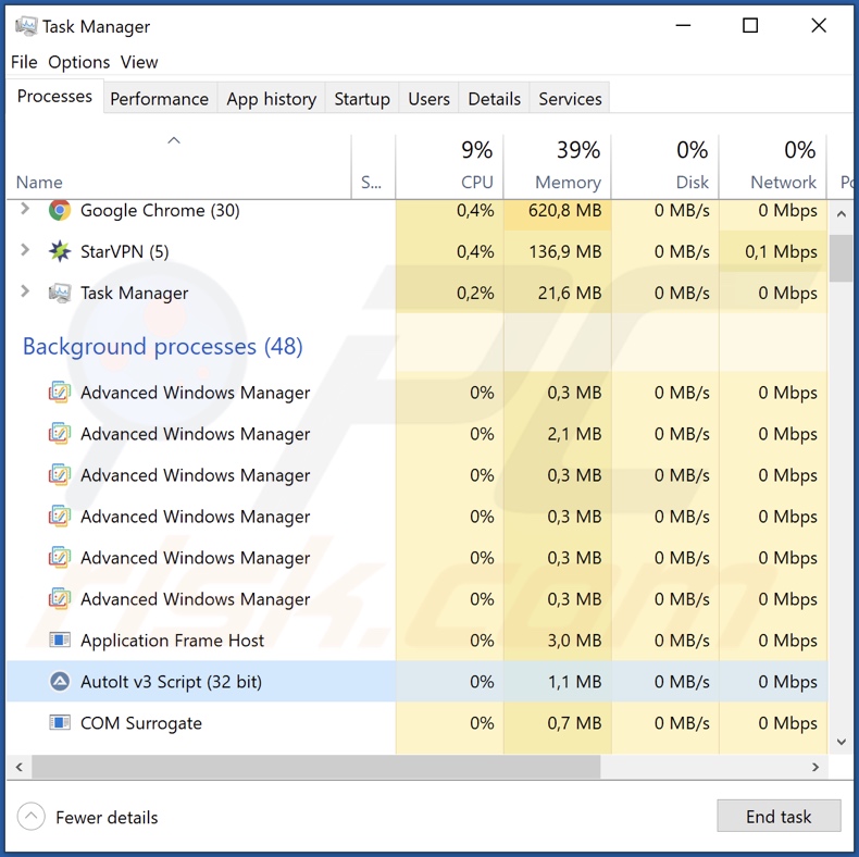 89N3PDyZzakoH7W6n8ZrjGDDktjh8iWFG6eKRvi3kvpQ Malware-Prozess im Task Manager (AutoIt v3 Script (32 Bit))