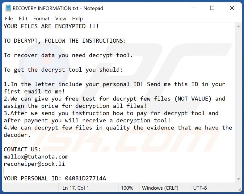 Avast Ransomware Textdatei (RECOVERY INFORMATION.txt)