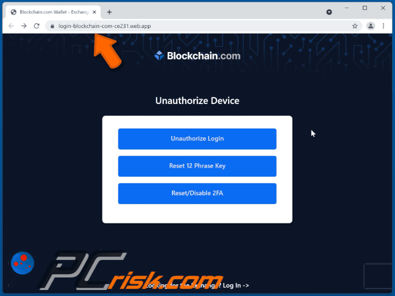 Aussehen der blockchain.com E-Mail-Betrug Phishing-Webseite