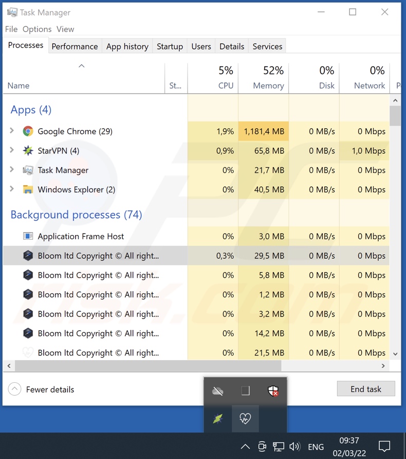 Bloom Adware Prozess im Task Manager (Bloom ltd Copyright © Alle Rechte vorbehalten - Prozessname)