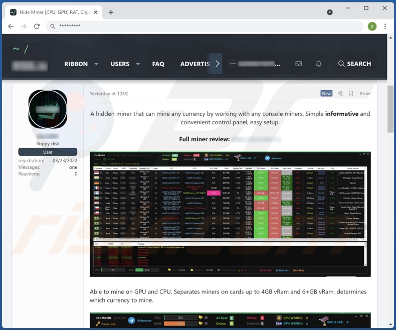CH Miner Malware wird in einem Hacker-Forum gefördert
