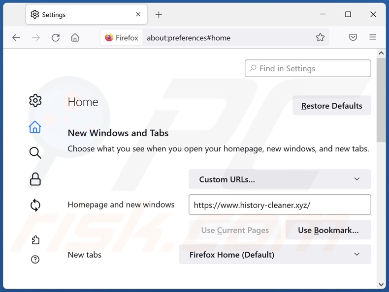 history-cleaner.xyz von der Mozilla Firefox Startseite entfernen