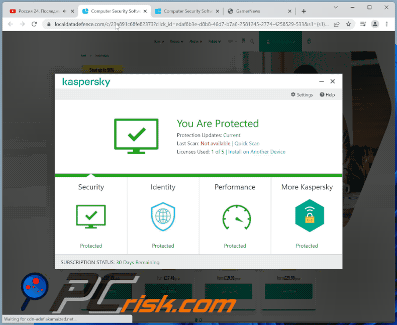 Aussehen des Kaspersky - Your PC is infected with 5 viruses! Betrugs