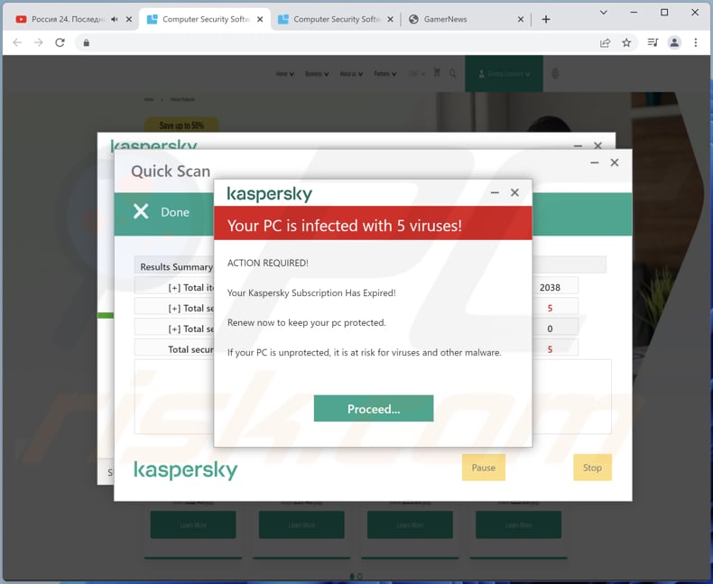 Kaspersky - Your PC is infected with 5 viruses! Betrug