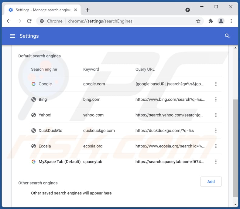 search.spaceytab.com von der Google Chrome Standardsuchmaschine entfernen
