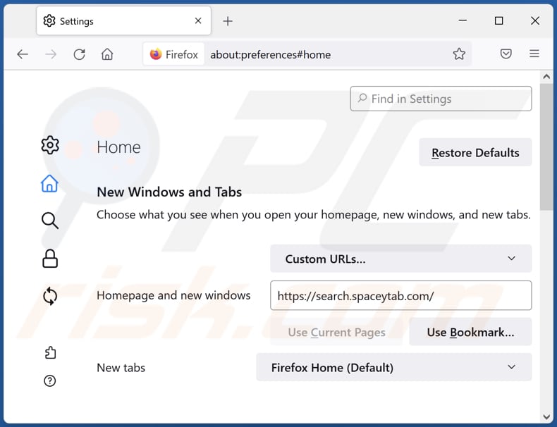 search.spaceytab.com von der Mozilla Firefox Startseite entfernen