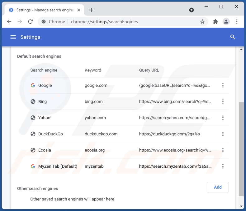 search.myzentab.com von der Google Chrome Standardsuchmaschine entfernen