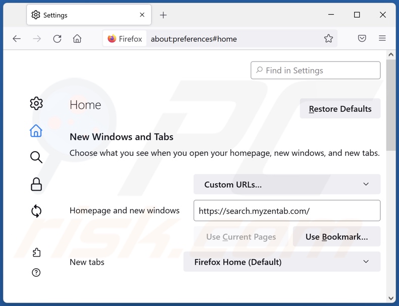 search.myzentab.com von der Mozilla Firefox Startseite entfernen