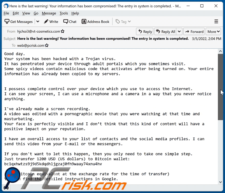Aussehen des your system has been hacked with a trojan virus E-Mail-Betrugs