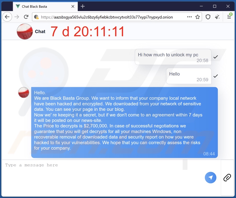 Black Basta Ransomware Tor Webseiten-Chat