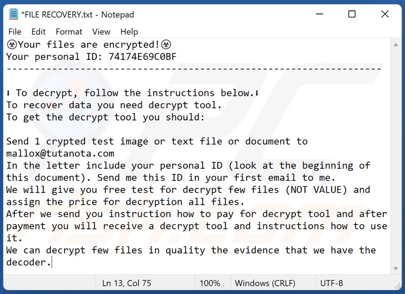 Bozon Ransomware lösegeldfordernde Nachricht (FILE RECOVERY.txt)