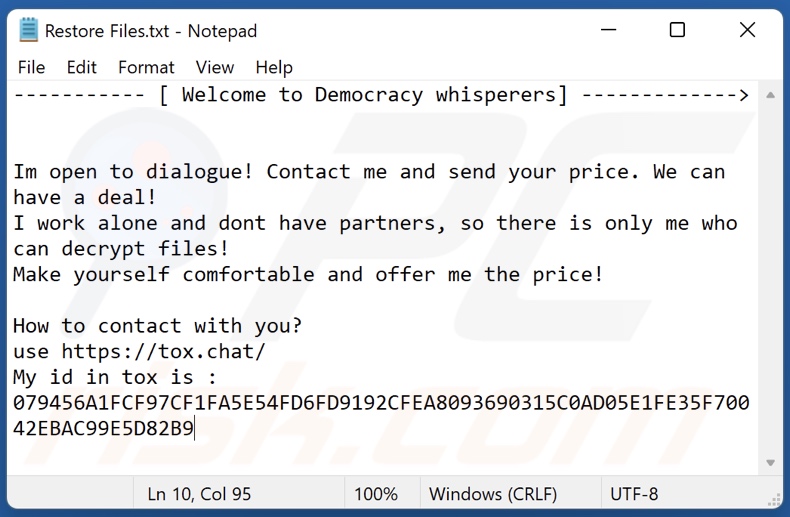 Democracy Whisperers Ransomware Lösegeldfordernde Nachricht (Restore Files.txt)