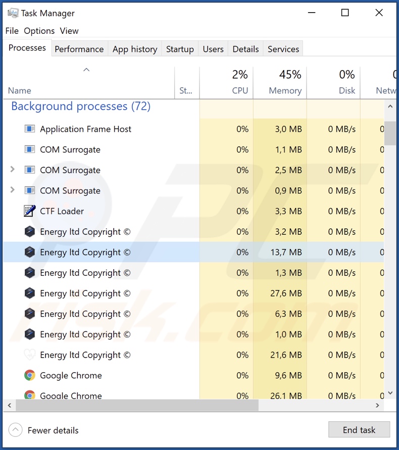 Energy Adware Prozess im Task Manager (Energy ltd Copyright © - Prozessname)