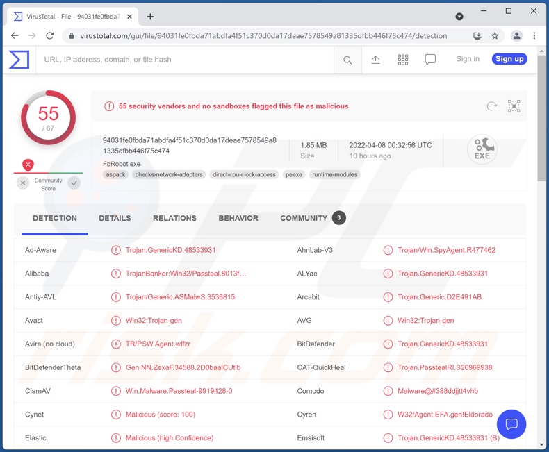 FFDroider Malware Erkennungen auf VirusTotal