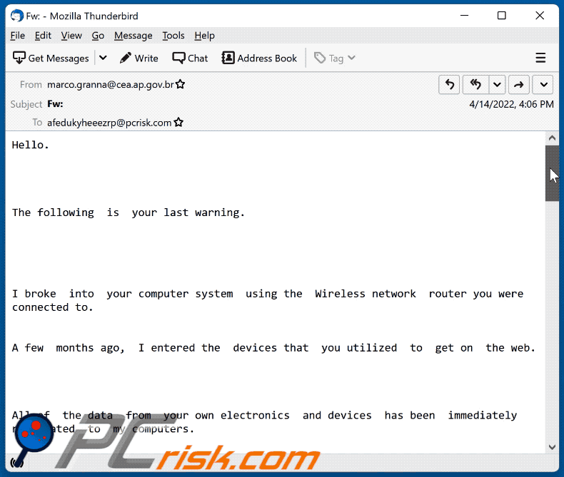 Aussehen der I broke into your computer system using the Wireless network router Betrugs-E-Mail (GIF)