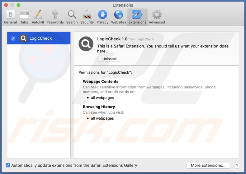 logiccheck Adware auf dem Safari Browser installiert