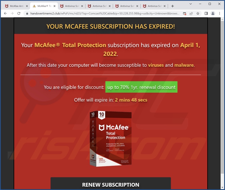 Eine weitere Variante des Betrugs McAfee Total Protection has expired