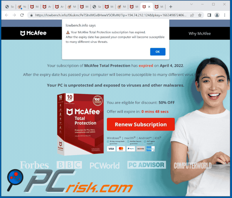 Aussehen des McAfee Total Protection has expired Betrugs (GIF)