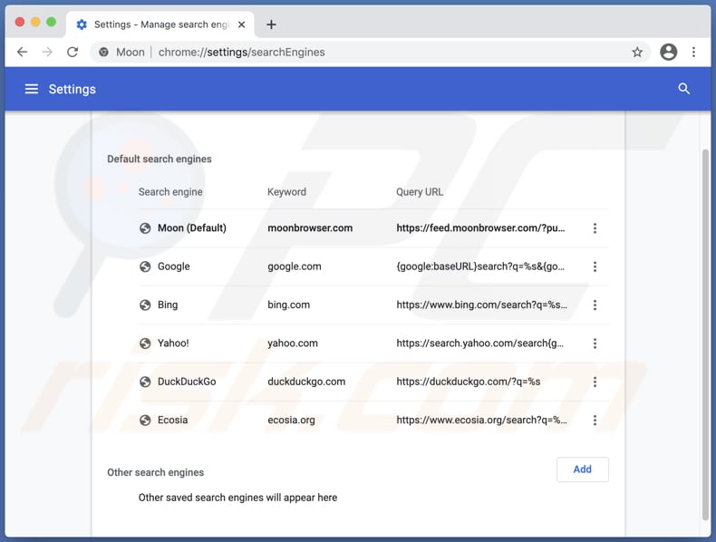 moon browser Adware ändert die Standardsuchmaschine auf feed.moonbrowser.com