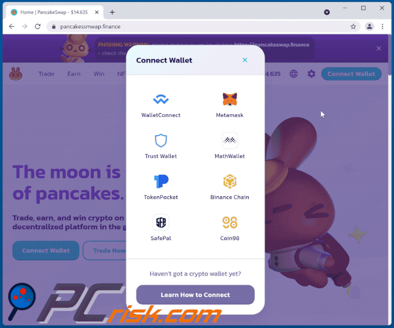 Geförderte Phishing-Seite der PancakeSwap Betrugs-E-Mail (GIF)