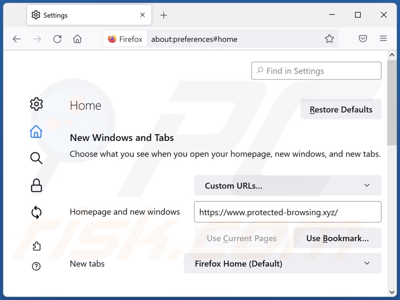 protected-browsing.xyz von der Mozilla Firefox Startseite entfernen