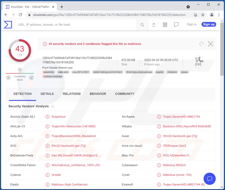 Prynt Stealer Malware Erkennungen auf VirusTotal