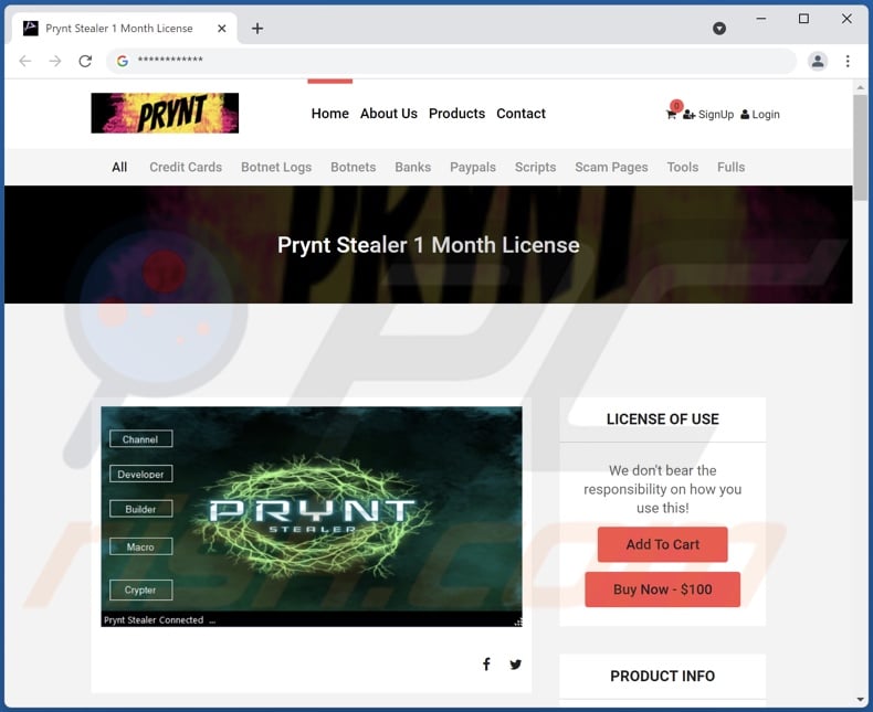 Prynt Stealer Malware-fördernde Webseite