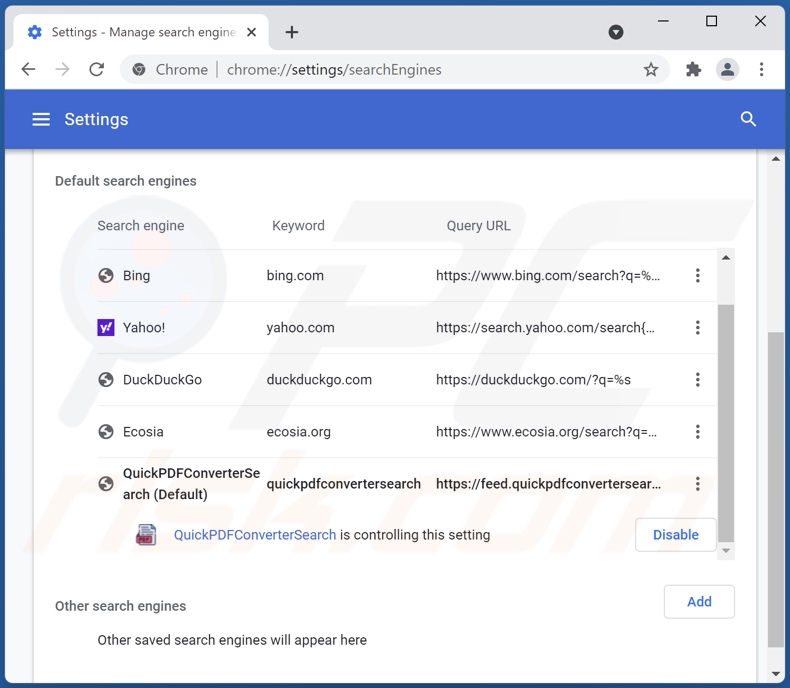 quickpdfconvertersearch.com von der Google Chrome Standardsuchmaschine entfernen